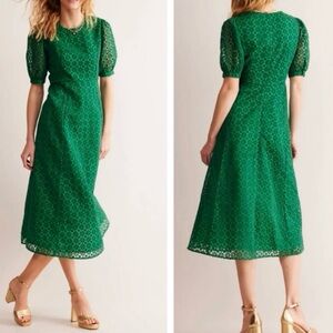 BODEN Organza Emerald Green Puff Sleeve Midi Dress